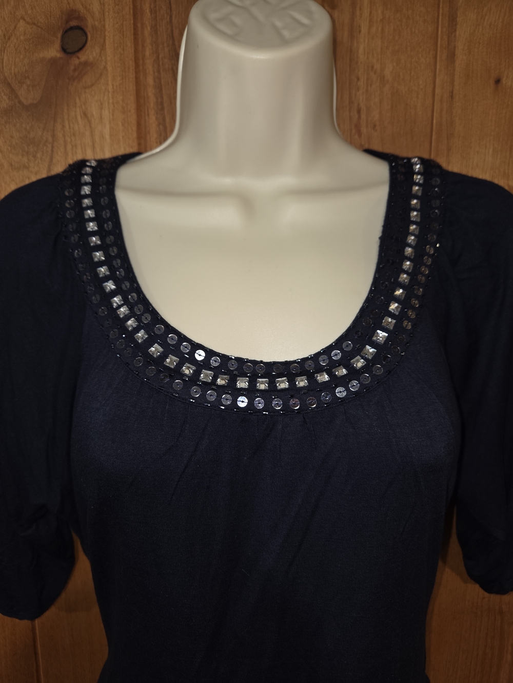 Apostrophe Navy Scoop Neck Short Sleeve Top with Sequin Trim - Picture 2 of 8